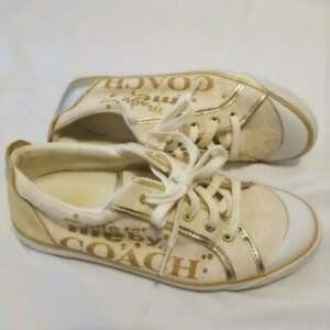 Coach Women's Beige and Gold Tone Logo Sneakers